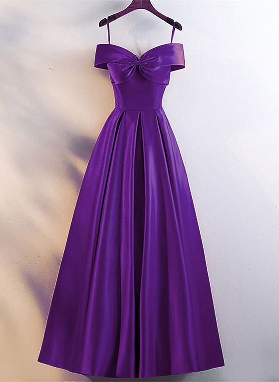 Purple Satin Sweetheart Long Party Dress, A-line Purple Prom Dress