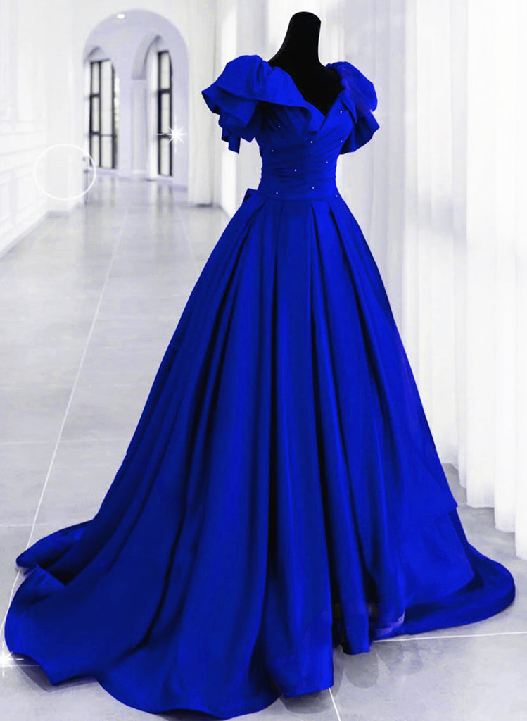 Royal Blue Long Satin Lace-up A-line Prom Dress, Royal Blue Wedding Pa
