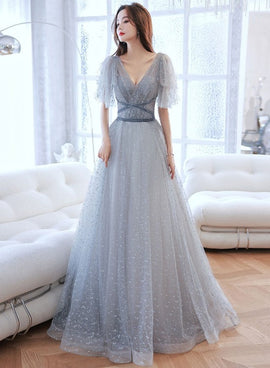 Lovely Grey Shiny Tulle V-neckline Puffy Sleeves Long Prom Dresses, Grey Evening Dresses