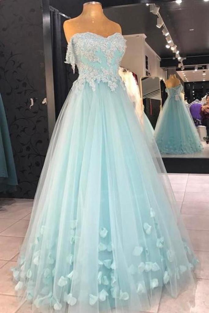 Mint Blue Sweetheart Tulle with Lace and Flowers Formal Dress, Tulle Long Prom Dress Party Dress
