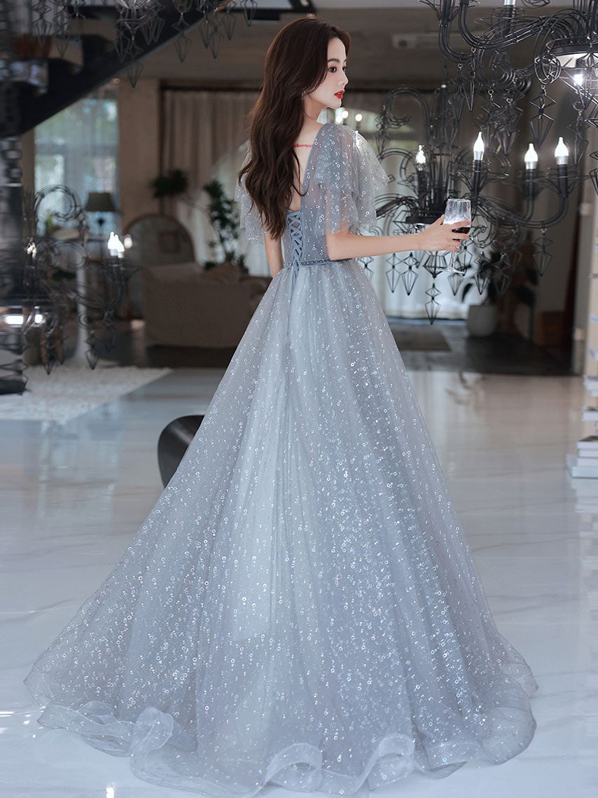 Lovely Grey Shiny Tulle V-neckline Puffy Sleeves Long Prom Dresses, Grey Evening Dresses Lovely Grey Shiny Tulle V-neckline Puffy Sleeves Long Prom Dresses, Grey Evening Dresses