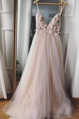Pink Lovely Spaghetti Straps Prom Dresses, Tulle Long Evening Dress Party Dress