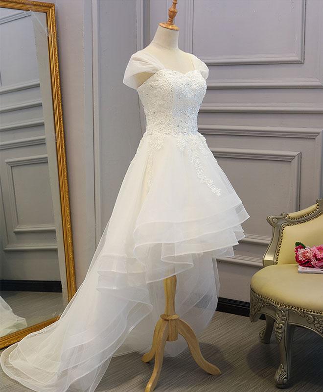 Beautiful Cap Sleeves High Low Layers Tulle Wedding Dress, Simple Prom Dress