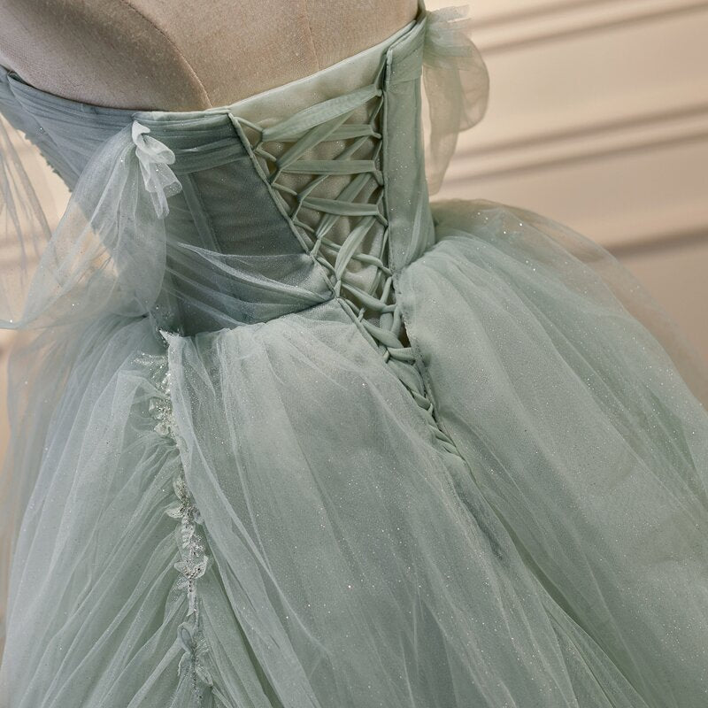 Light Green Tulle Beaded Ball Gown Off Shoulder Party Dress, Green Swe – Cutedressy Light Green Tulle Beaded Ball Gown Off Shoulder Party Dress, Green Swe – Cutedressy