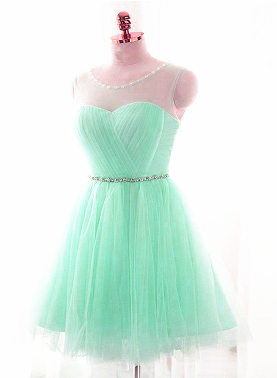 Mint Green Tulle Round Beaded Tulle Party Dress, Short Prom Dress Homecoming Dress