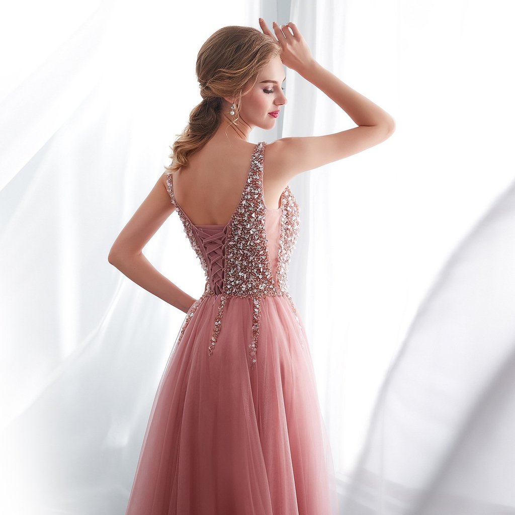 A Line V Neck Beadings Tulle Pink Prom Dress with Slit LBQ3116