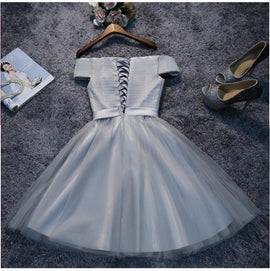 Grey Tulle Homecoming Dresses, Off Shoulder Short Party Dress, Knee Length Formal Dress