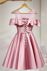 Lovely Pink Satin and Lace Party Dress, Off the Shoulder Homecoming Dress