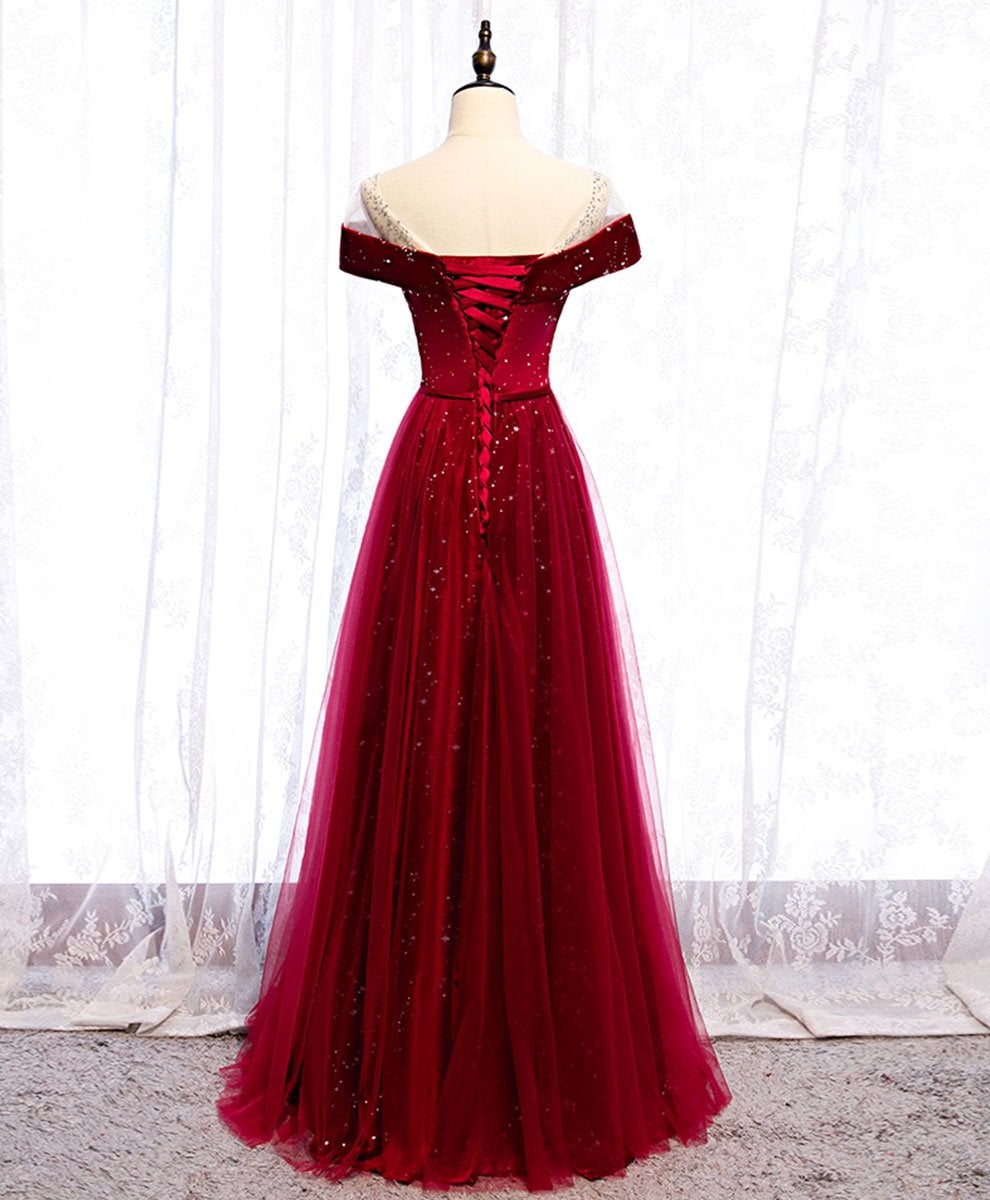 Glam Wine Red Tulle with Velvet Long Party Dress, Dark Red Formal Dress Prom Dress