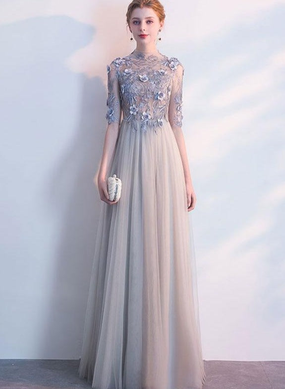 Light Grey Tulle Long Lace Applique Flowers Wedding Party Dresses, A-line Tulle Evening Dress Prom Dress