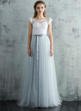 Light Grey Tulle Long Cap Sleeves Wedding Party Dress, Grey A-line Formal Dress