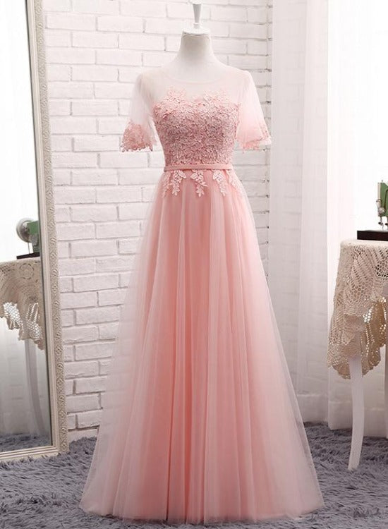 Cute Tulle and Lace Long Party Dress, A-line Tulle Short Sleeves Bridesmaid Dress