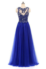Charming Blue Beaded Tulle Long Party Dress, Round Neckline Prom Dress