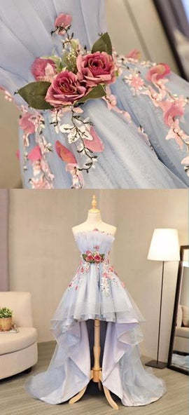 Cute Light Grey High Low Flowers Party Dress, Charming Formal Dress