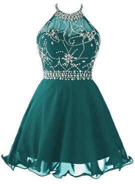 Beautiful Green Chiffon Halter Beaded Prom Dress , Lovely Homecoming Dresses