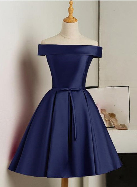 Beautiful Navy Blue Satin Knee Length Homecoming Dress, Blue Short Pro – Cutedressy