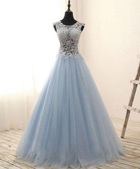 Light Blue Tulle with Lace Floor Length Party Dress, Blue Prom Dress