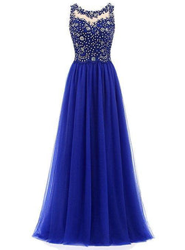 Charming Blue Beaded Tulle Long Party Dress, Round Neckline Prom Dress