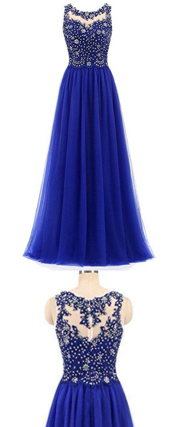 Charming Blue Beaded Tulle Long Party Dress, Round Neckline Prom Dress