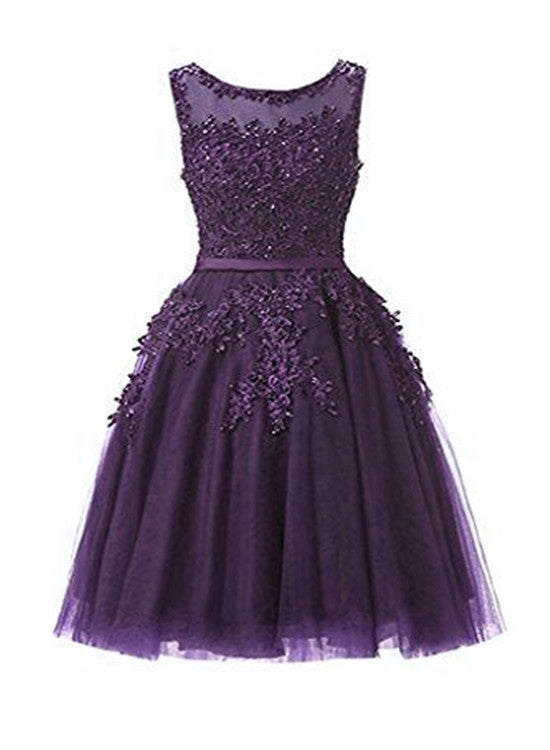 Dark Purple Short Prom Dress, Tulle Prom Dress, Applique Homecoming Dress
