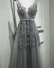 Grey Romantic Lace V-neckline Formal Gowns, Applique Long Prom Dress, High Quality Party Dress