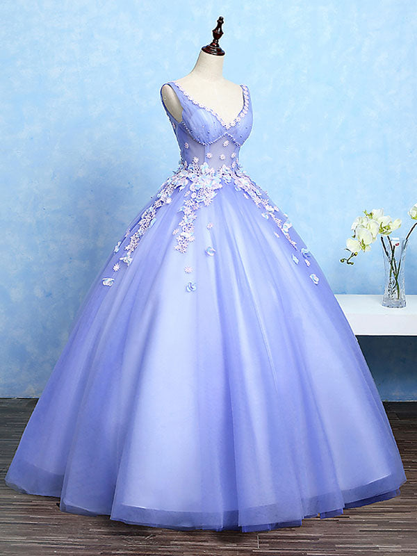 Cute Lavender Tulle Ball Gown V-neckline Sweet 16 Dresses, Light Purple Formal Dresses