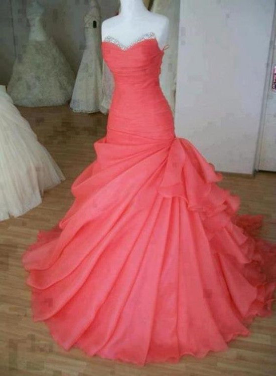Charming Watermelon Organza Floor Length Prom Gowns, Prom Dress , Formal Gowns