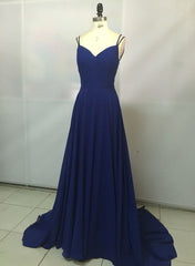Royal Blue Straps Chiffon Handmade Prom Gowns, Prom Dress , Party Dresses