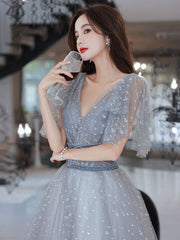 Lovely Grey Shiny Tulle V-neckline Puffy Sleeves Long Prom Dresses, Grey Evening Dresses