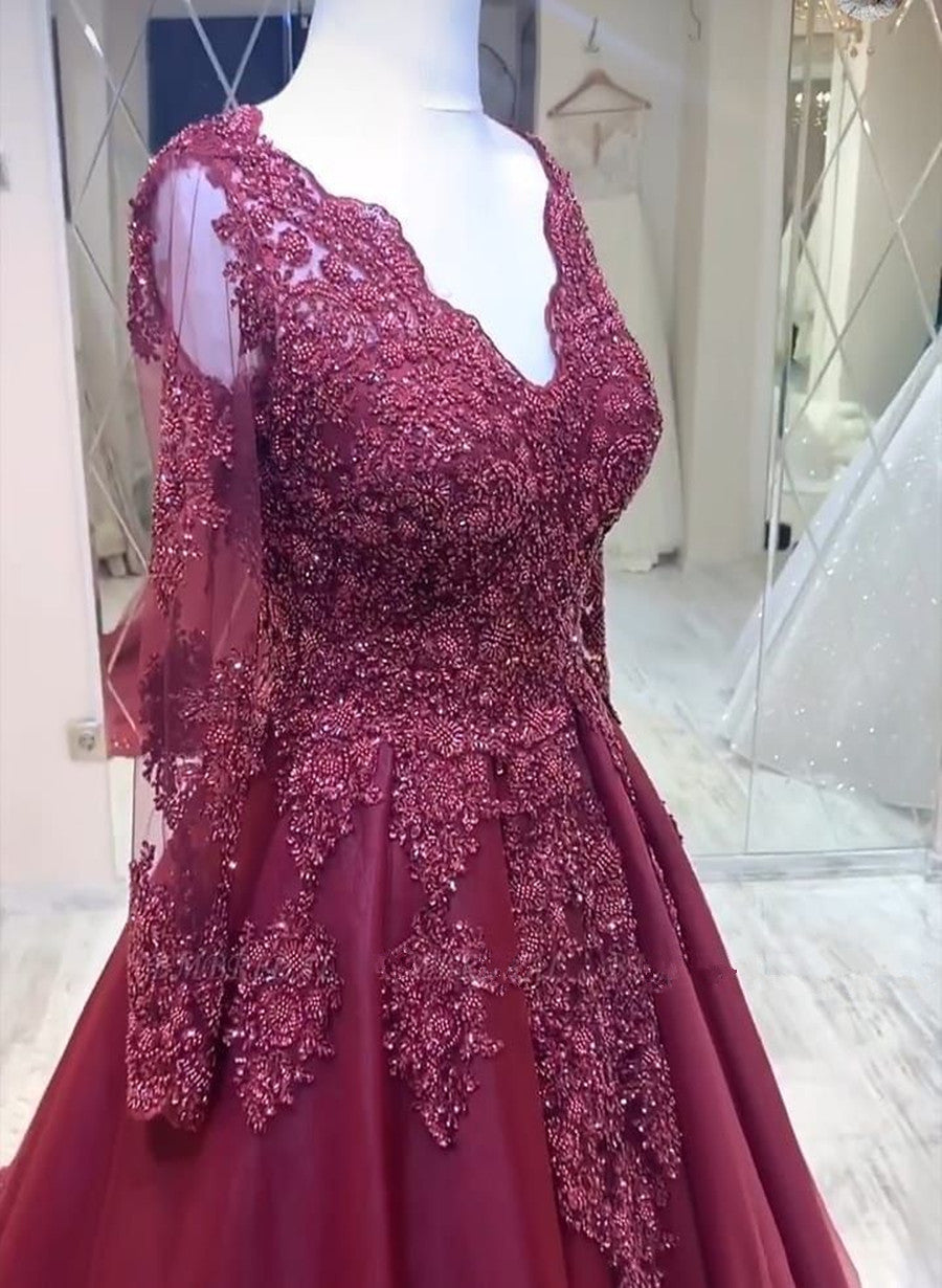 Burgundy V-neckline Tulle Long Sleeves with Lace Prom Dress, Burgundy Wedding Party Dress