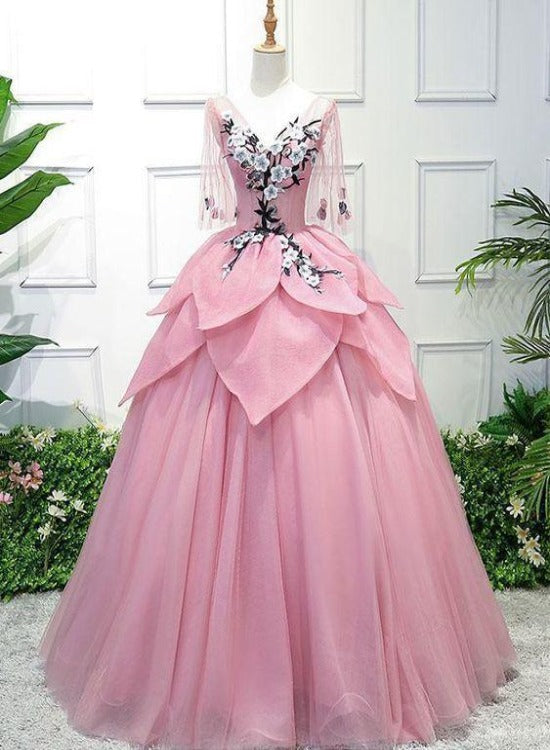 Pink Tulle Ball Gown Lace Sweet 16 Dress, Pink Quinceanera Gown with Flowers