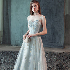 Beautiful Grey-Blue Straps Sweetheart Tulle Long Party Dresses, A-line Formal Dresses