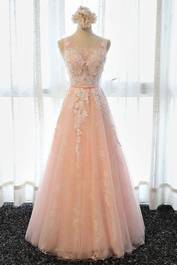 Pink Tulle Round Neckline Prom Gown, Junior Prom Dress , Party Dress