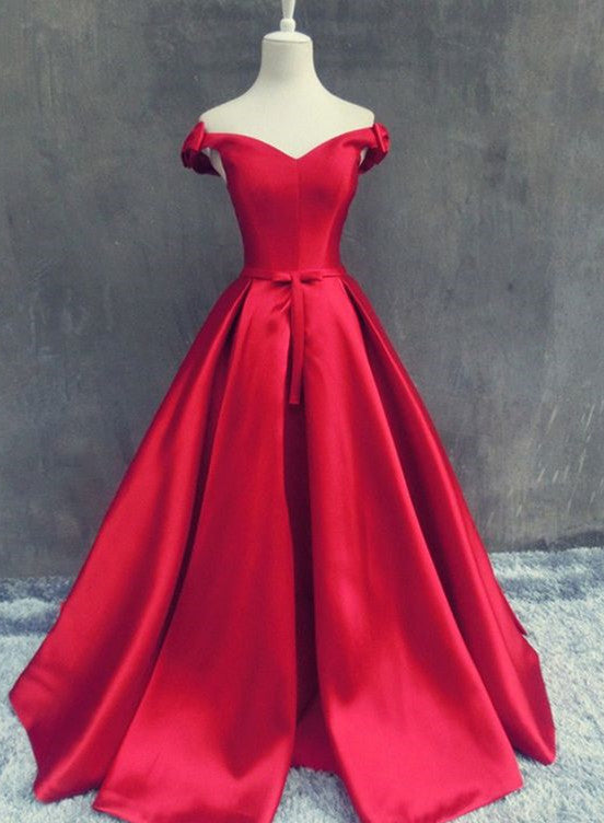 Lovely Off Shoulder with Bow Long Satin Prom Dress, Red Prom Dress 2019