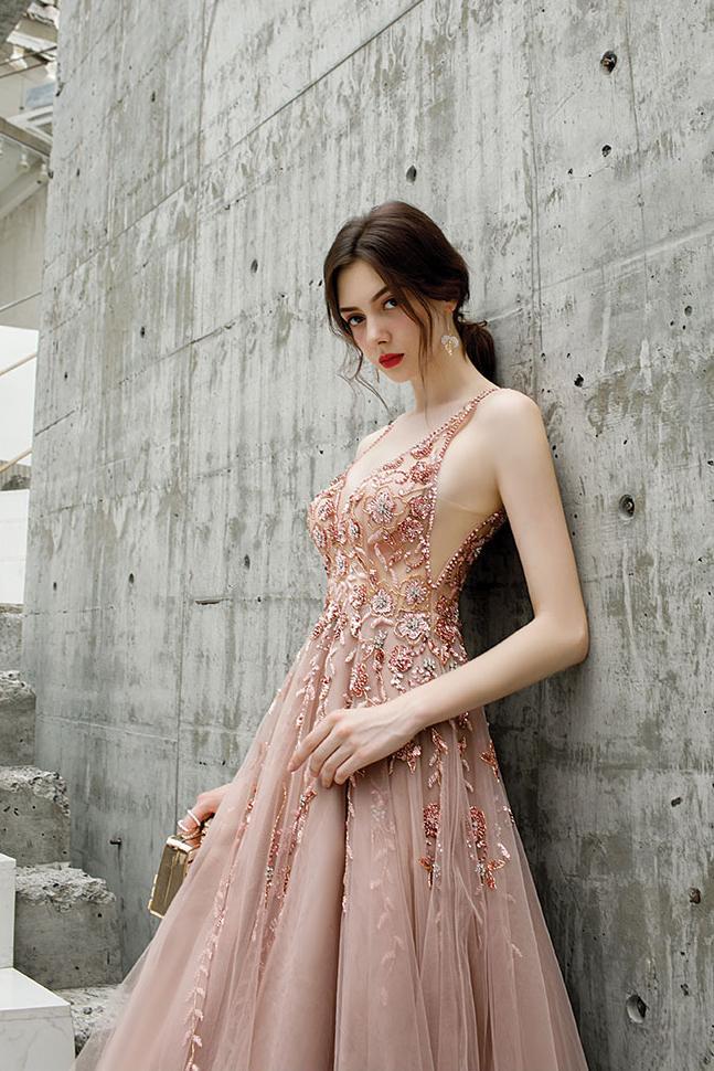 Beautiful Tulle A Line V Neck Pink Beads Straps Prom Dresses, Lace up Long Dance Formal Dress