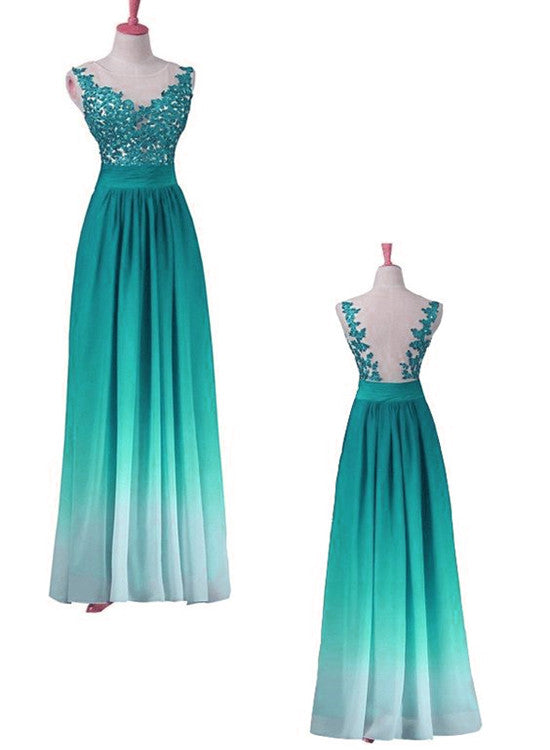 Unique Gradient Formal Dress , Chiffon Long Party Dress with Lace Applique
