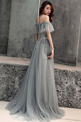 Grey Tulle Sweetheart Floor Length  Sweetheart Long Formal Prom Dress, Grey Evening Dress With Applique