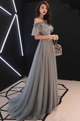 Grey Tulle Sweetheart Floor Length  Sweetheart Long Formal Prom Dress, Grey Evening Dress With Applique