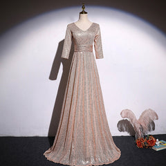 A-line Short Sleeves Sequins Long Evening Dress Bridesmaid Dress, Simple Sequins Evening Dresses