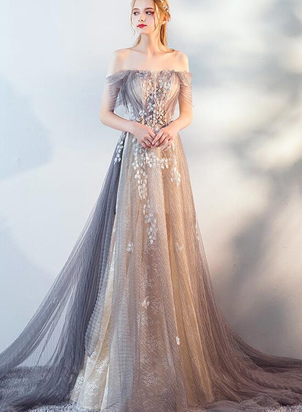 A-line Tulle and Lace Off Shoulder Long Party Dress, Unique Style New – Cutedressy
