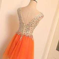 A-line V-neckline Short Tulle Beaded Homecoming Dress, Orange Tulle Short Party Dress
