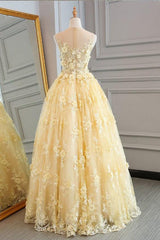 Light Yellow Organza Tulle Applique Formal Gown, Lace Applique Formal Dress