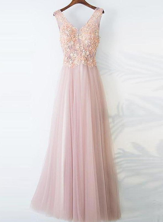 Light Pink V-neckline Formal Dress , Flower Lace Applique Long Party Dress
