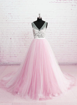Beautiful Pink Tulle V-neckline Prom Dress , Pink Wedding Party Dresses