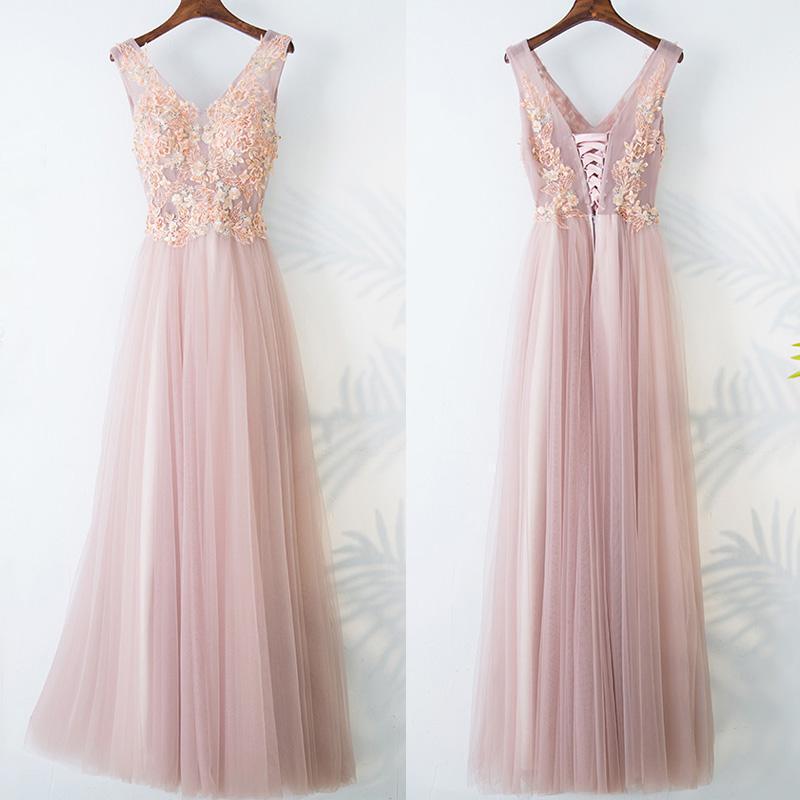 Light Pink V-neckline Formal Dress , Flower Lace Applique Long Party Dress