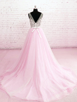 Beautiful Pink Tulle V-neckline Prom Dress , Pink Wedding Party Dresses