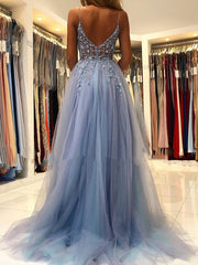 Blue Sparkle Beaded Tulle A-line Long Prom Dress, Prom Dress with Leg Slit
