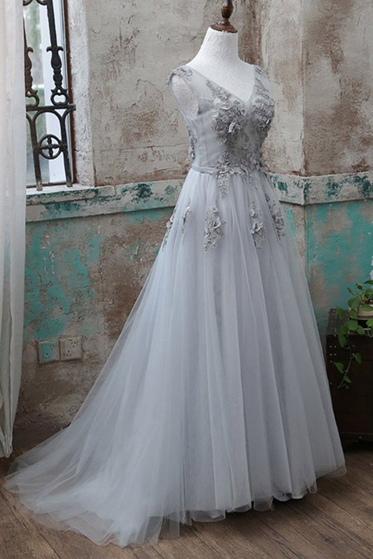 Grey V-neckline Tulle with Lace Long Formal Dress, Grey A-line Prom Dress