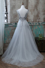 Grey V-neckline Tulle with Lace Long Formal Dress, Grey A-line Prom Dress