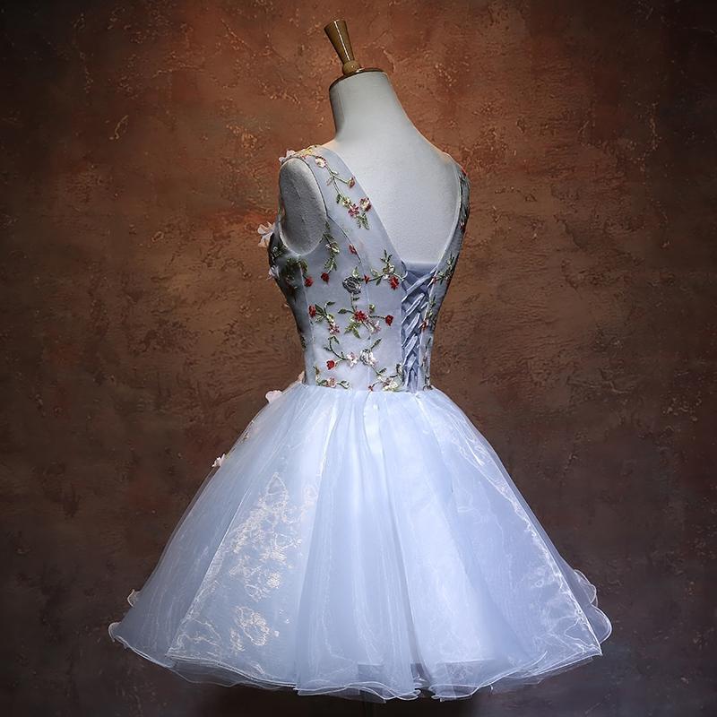 Blue Organza V-neckline Flowers Party Dress, Blue Short Prom Dress Hom Cutedressy Blue Organza V-neckline Flowers Party Dress, Blue Short Prom Dress Hom Cutedressy